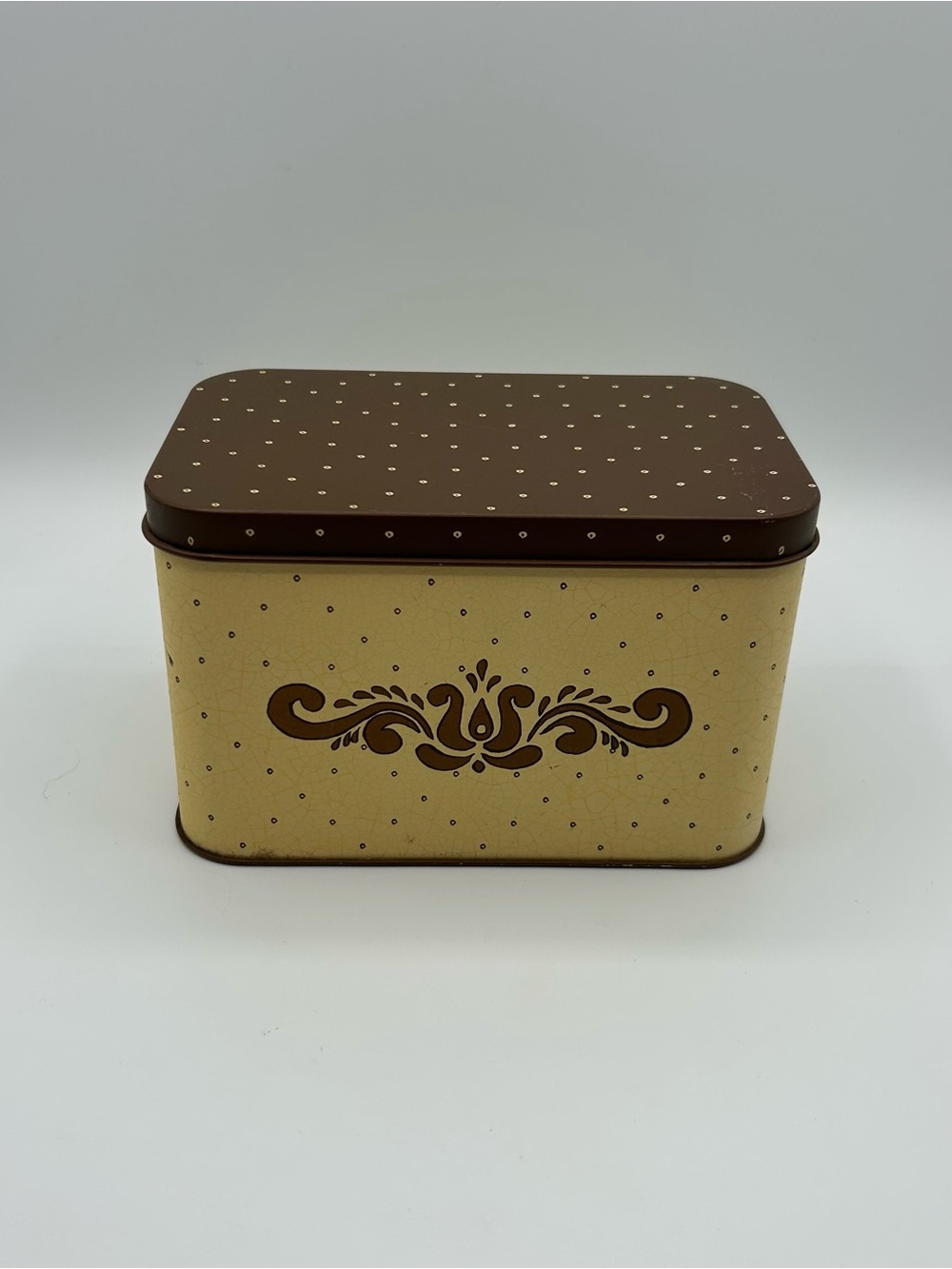 Pfaltzgraff Village Recipe Card Holder Tin 1985 Metal Box Brown Tan Cottagecore
